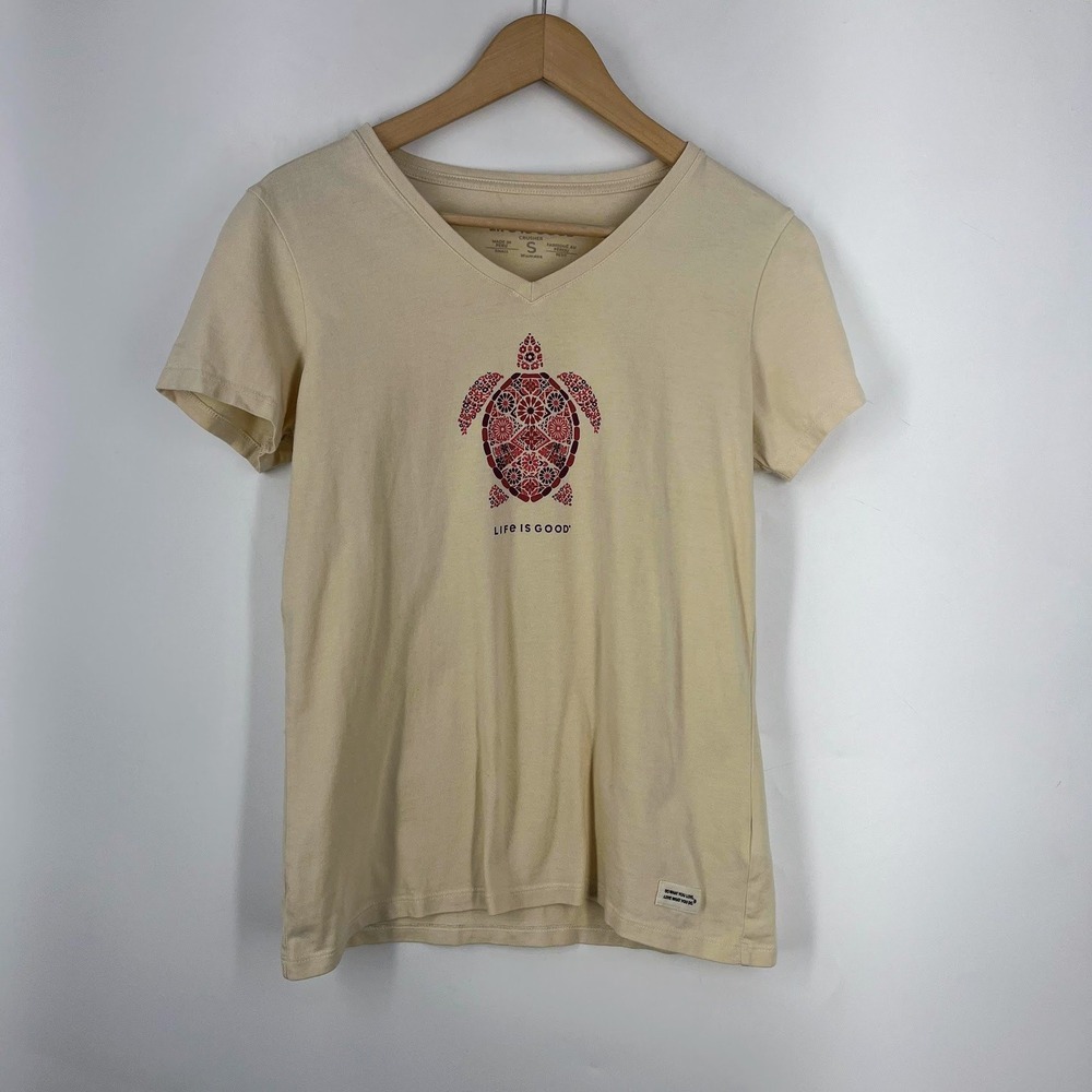 Life is‎ Good Womens Crusher Tee V-Neck Cream Sea Turtle Graphic T-Shirt Size S